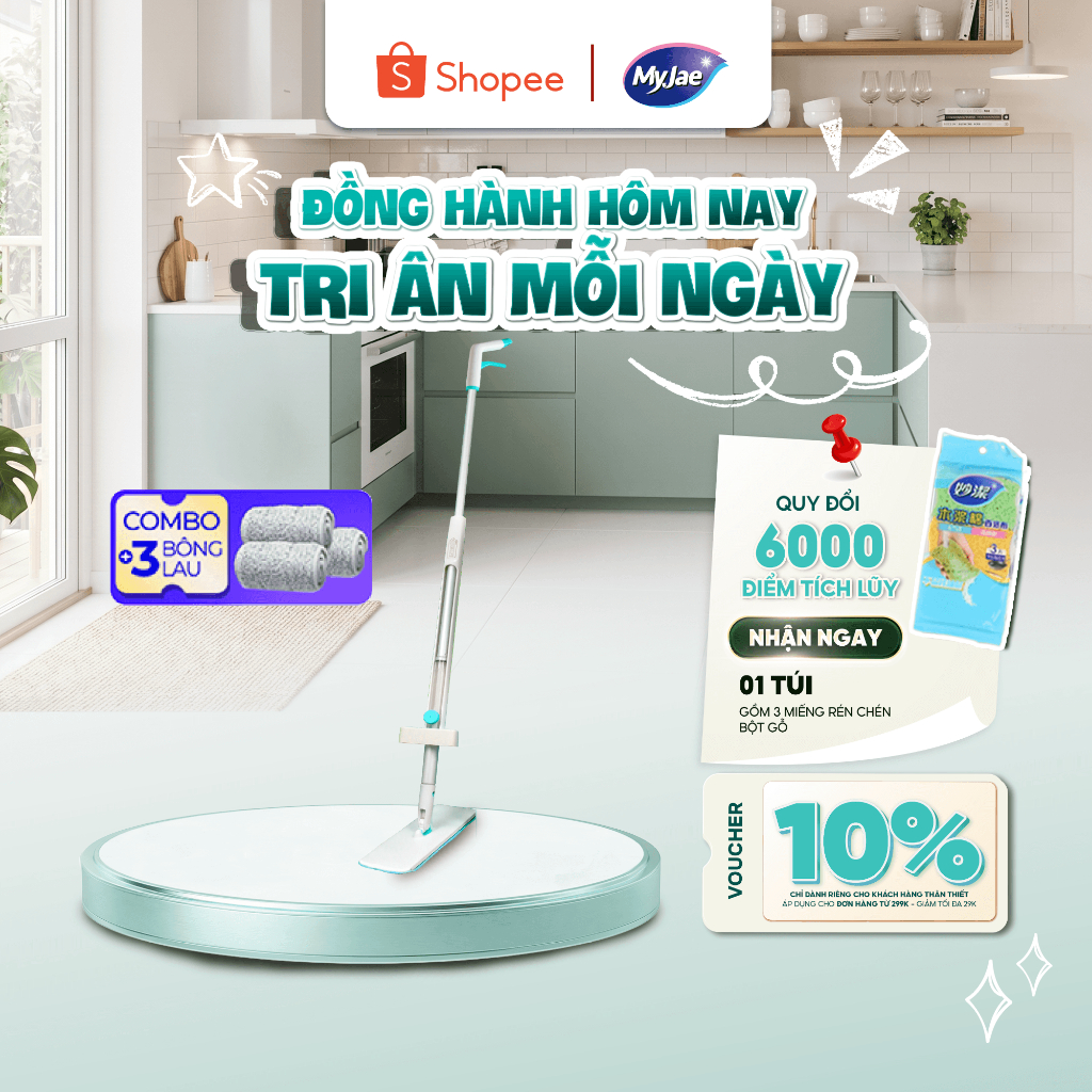 Combo 3 Bông Lau + 1 Cây Lau Nhà MyJae Sợi Microfiber Tự Vắt Phun Sương Xoay 360 Độ Thông Minh 138c