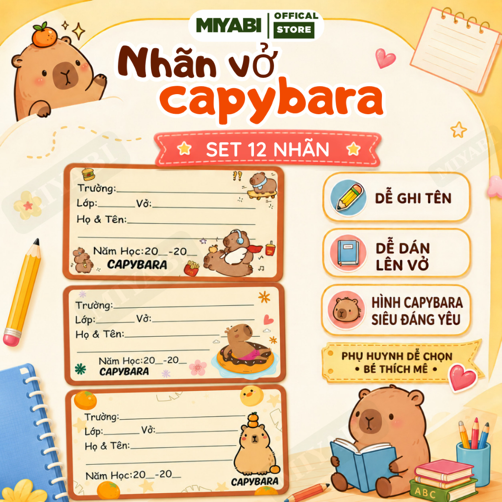 Nhãn vở Capybara cute set 12 chiếc, nhãn dán vở ghi tên môn học cho học sinh cấp 1 2 3 - MIYABI