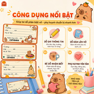 Nhãn vở Capybara cute set 12 chiếc, nhãn dán vở ghi tên môn học cho học sinh cấp 1 2 3 - MIYABI