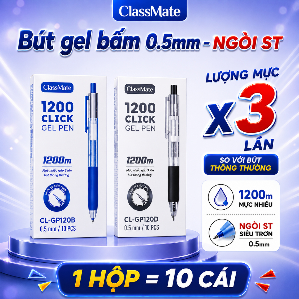 [MỚI 2026] Hộp 10 Bút Gel Bấm 1200m CLASSMATE Ngòi 0.5mm ST Viết Siêu Trơn Mượt, Lượng Mực Nhiều Ra 