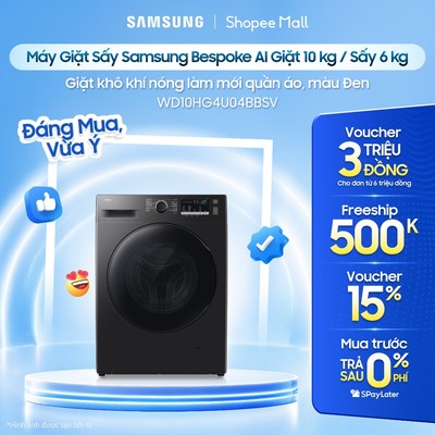Máy Giặt Sấy Samsung Bespoke AI Giặt 10 kg / Sấy 6 kg WD10HG4U04BBSV - Giặt khô khí nóng làm mới quần áo, màu Đen