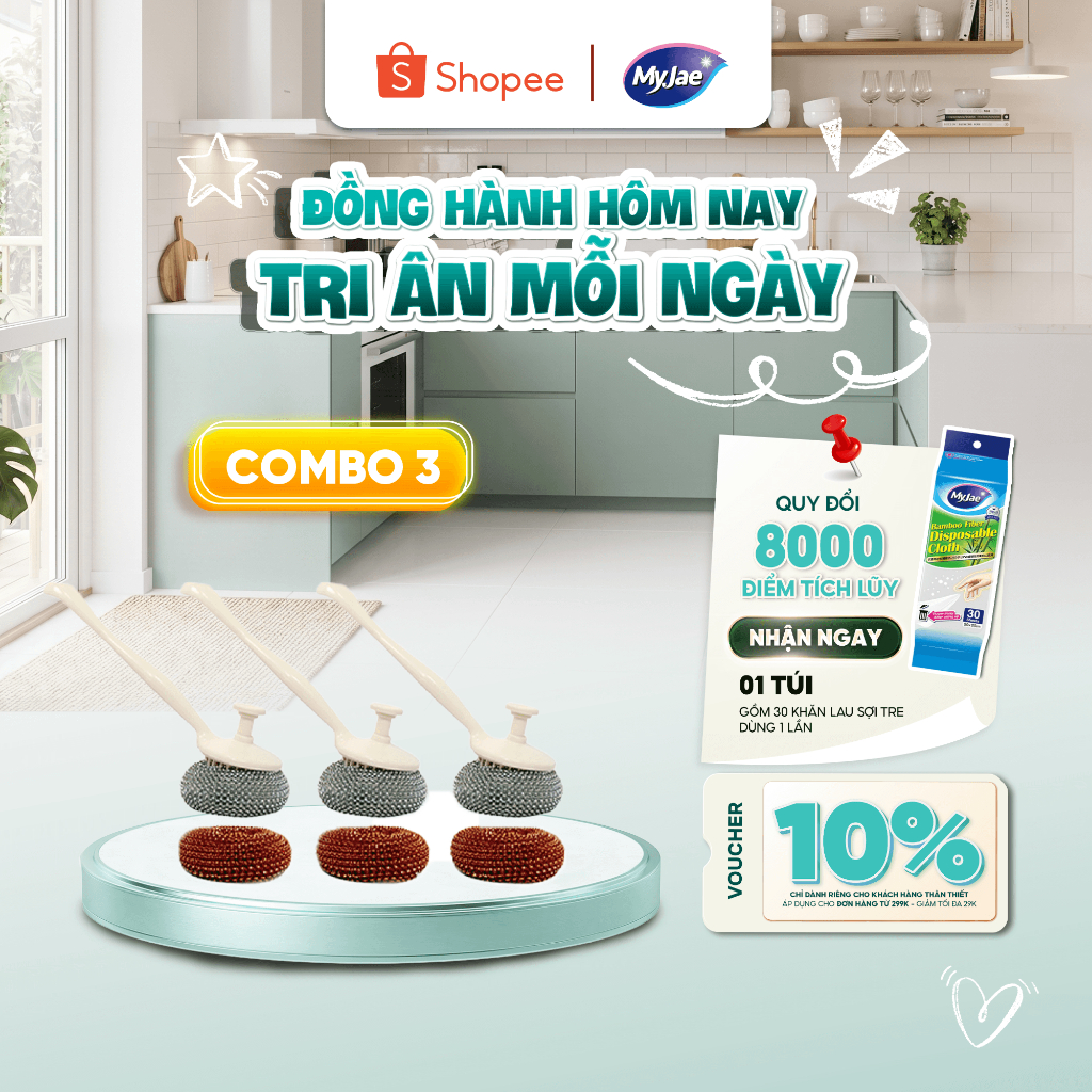 COMBO 3 Chổi Cọ Xoong Nồi Kèm 2 Miếng Cọ Nồi Đa Năng Tiên Lợi MyJae