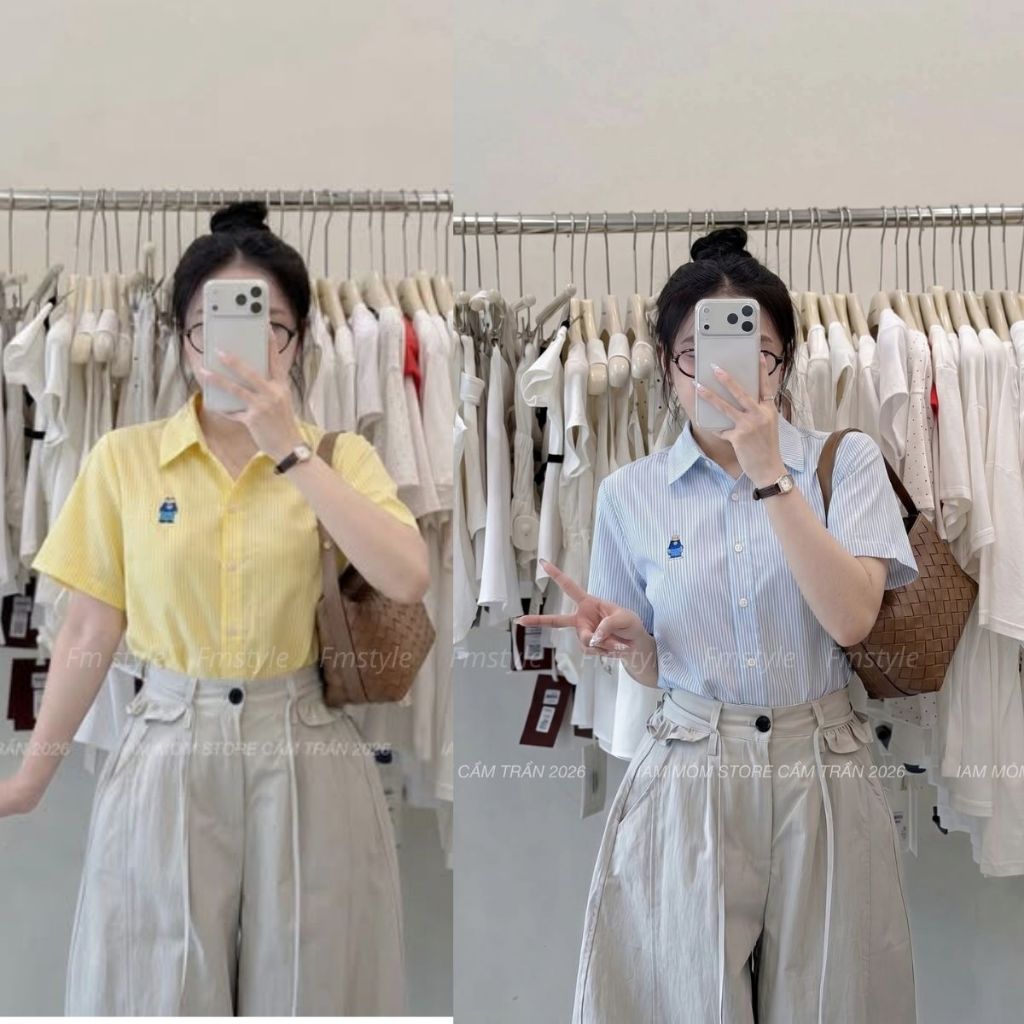 Áo Sơ Mi Nữ Kiểu Tay Ngắn  kẻ thêu gấu FMSTYLE Đủ Màu 26040017