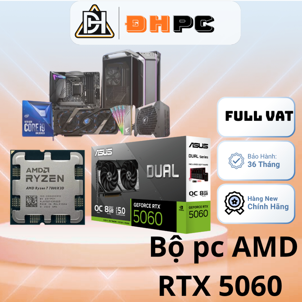 Thùng máy amd kèm VGA RTX 5060 ASUS DUAL - bảo hành 36T