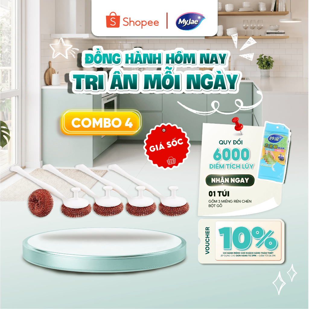 COMBO 4 Chổi Cọ Xoong Nồi Kèm 2 Miếng Cọ Nồi Đa Năng Tiên Lợi MyJae