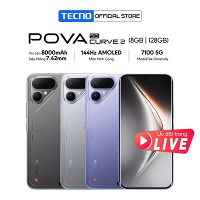 [LS] TECNO POVA Curve 2 5G (8+8)GB/128GB - Siêu Pin 8000mAh | Siêu Mỏng | Màn cong AMOLED 144Hz | Dimensity 7100