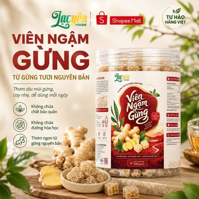 Viên Ngậm Gừng Tươi Nguyên Chất Ít Ngọt Lạc Yên Foods, Vị Gừng Cay Ấm Nồng Thơm Đậm Đặc Trưng