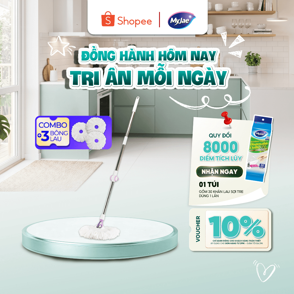 Combo 3 Bông Lau+1 Cây Lau Nhà Đơn MyJae Sợi Microfiber Xoay 360 Độ Phù Hợp Nhiều Loại Thùng Lau