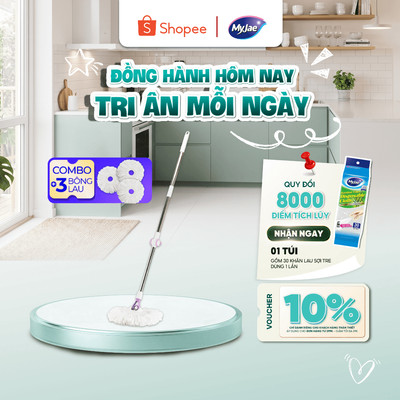 Combo 3 Bông Lau+1 Cây Lau Nhà Đơn MyJae Sợi Microfiber Xoay 360 Độ Phù Hợp Nhiều Loại Thùng Lau