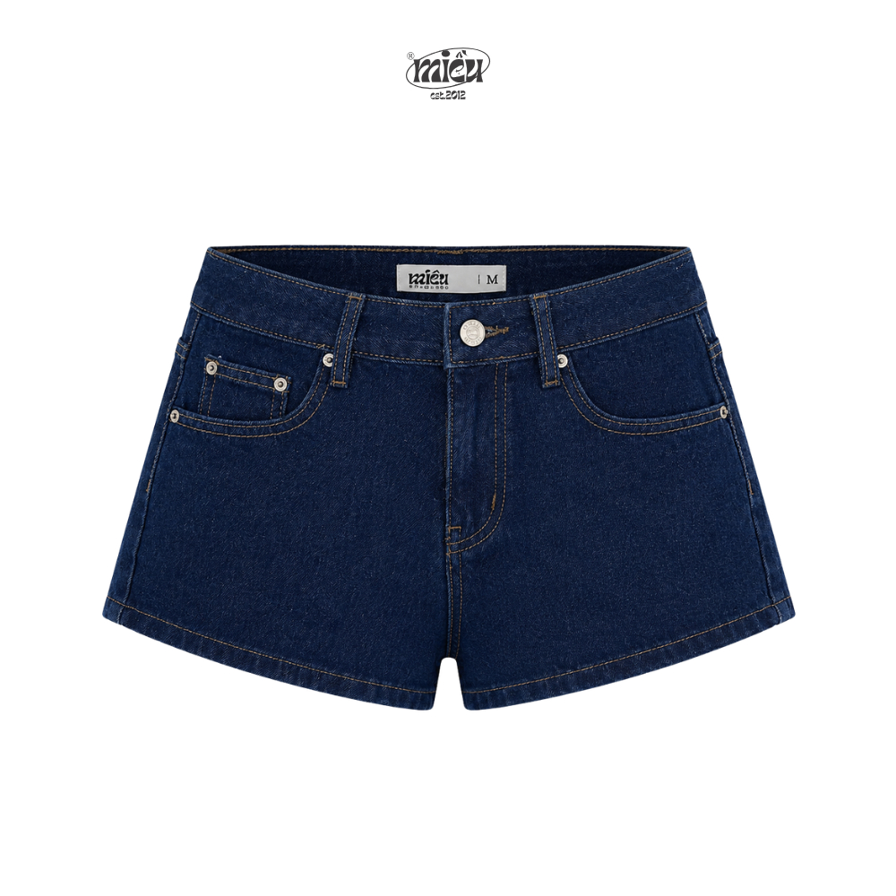 Quần short jeans nữ cạp thấp Lavin Miều Est.2013 màu xanh đen basic dễ phối đồ