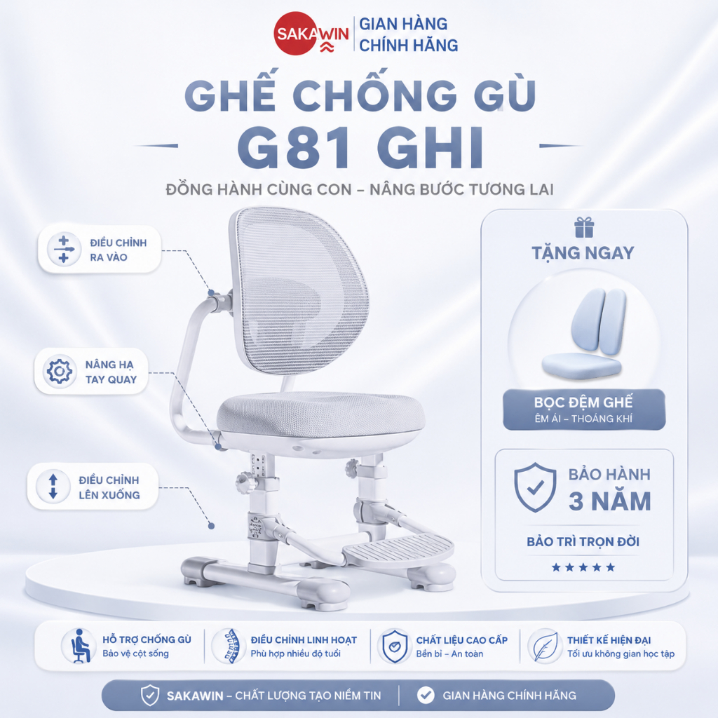 Ghế ngồi học cho bé Sakawin G81 Ghế học sinh thông minh Thiết kế tựa lưng lưới Nâng hạ hỗ trợ con ngồi đúng tư thế