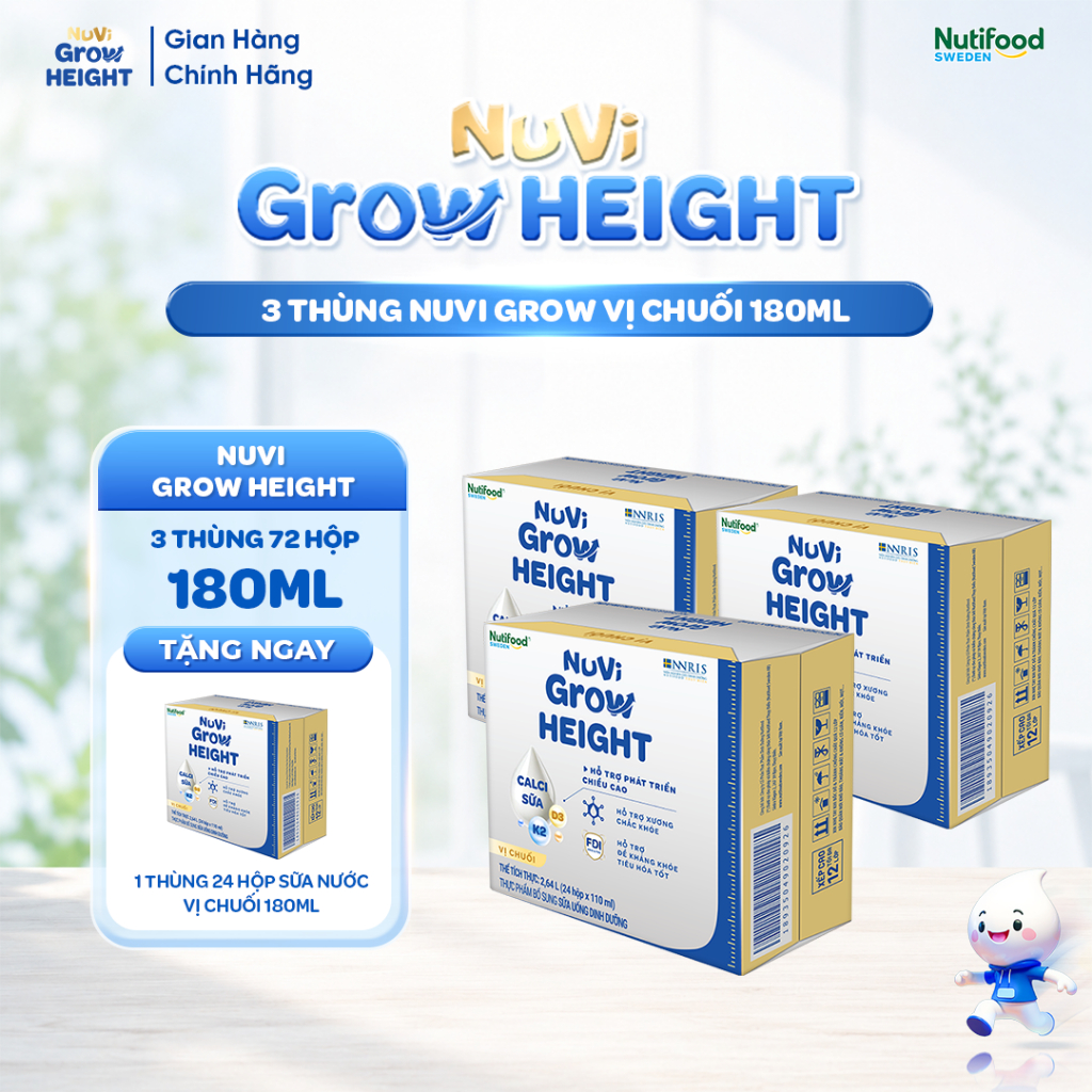 Sữa Nước Nuvi Grow Height ( 3 Thùng Tặng 1 Thùng Chuối 180ml)- Hộ Trợ Phát Triển Chiều Cao