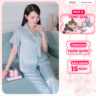 Bộ Đồ Ngủ Pijama nữ ZENME Tay Ngắn Quần Dài Lụa Vân Gỗ Ánh Kim PJDD0824