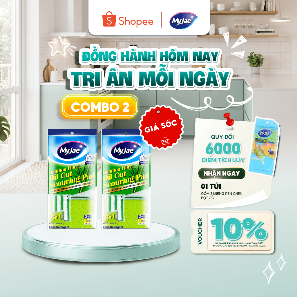 COMBO 2 Miếng rửa chén đa năng sợi tre MyJae, miếng rửa chén chống xước 2 mặt, siêu bền đánh bay dầu