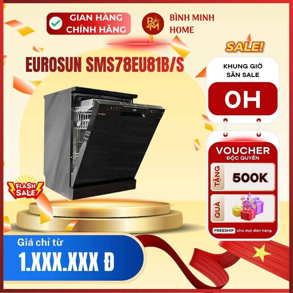 Máy rửa chén Eurosun SMS78EU81B/S Serie 7, máy rửa bát 14 bộ, động cơ Eco Silence BLDC, Fresh & Dry