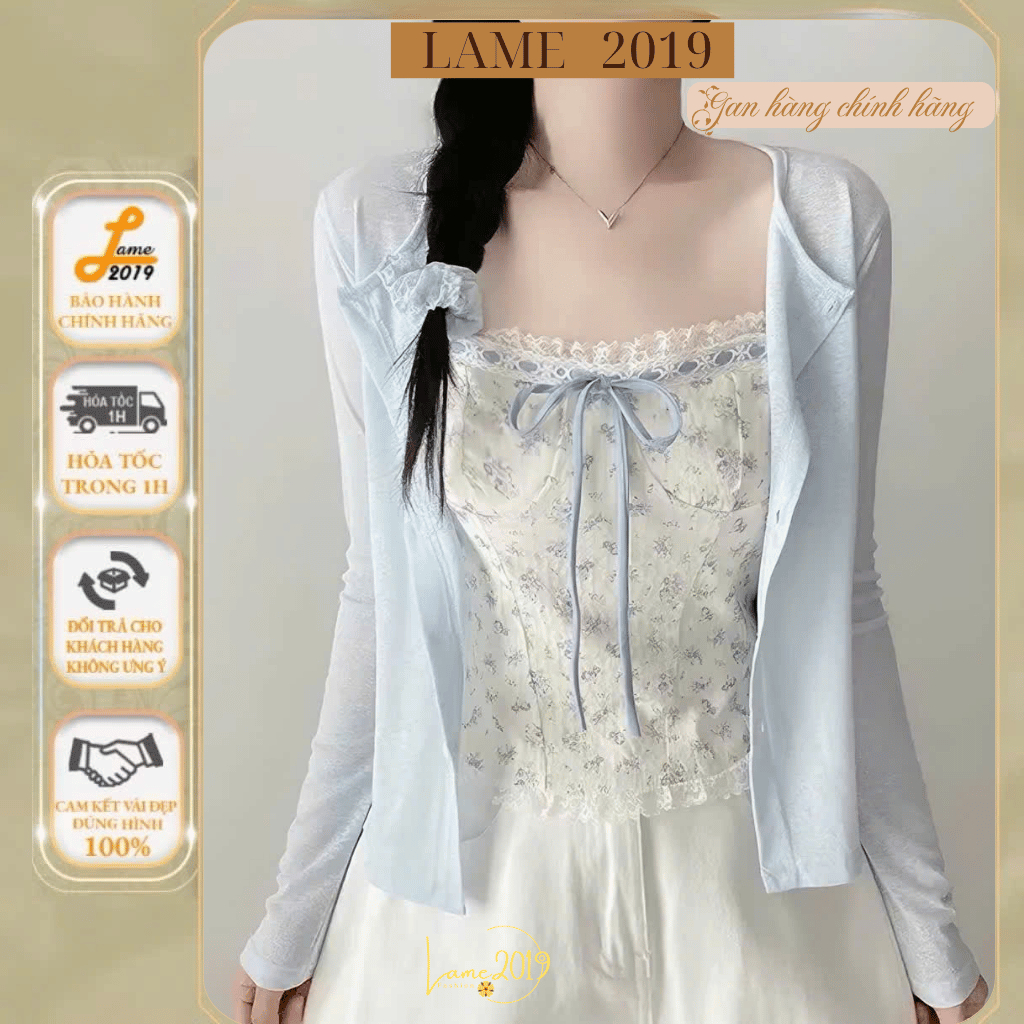 Set Áo Khoác Cardigan Mỏng Kèm Áo 2 Dây Hoa Nhí Thắt Nơ Viền Ren Tiểu Thư Yame19