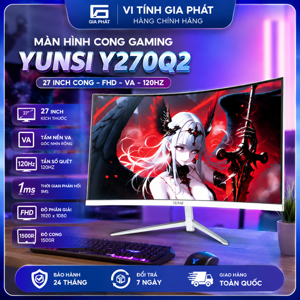 Màn hình Cong 27inch Gaming Yunsi Y270Q2 Trắng/Đen (27 inch Cong, FHD, VA, 120Hz) Bảo hành hãng 24T
