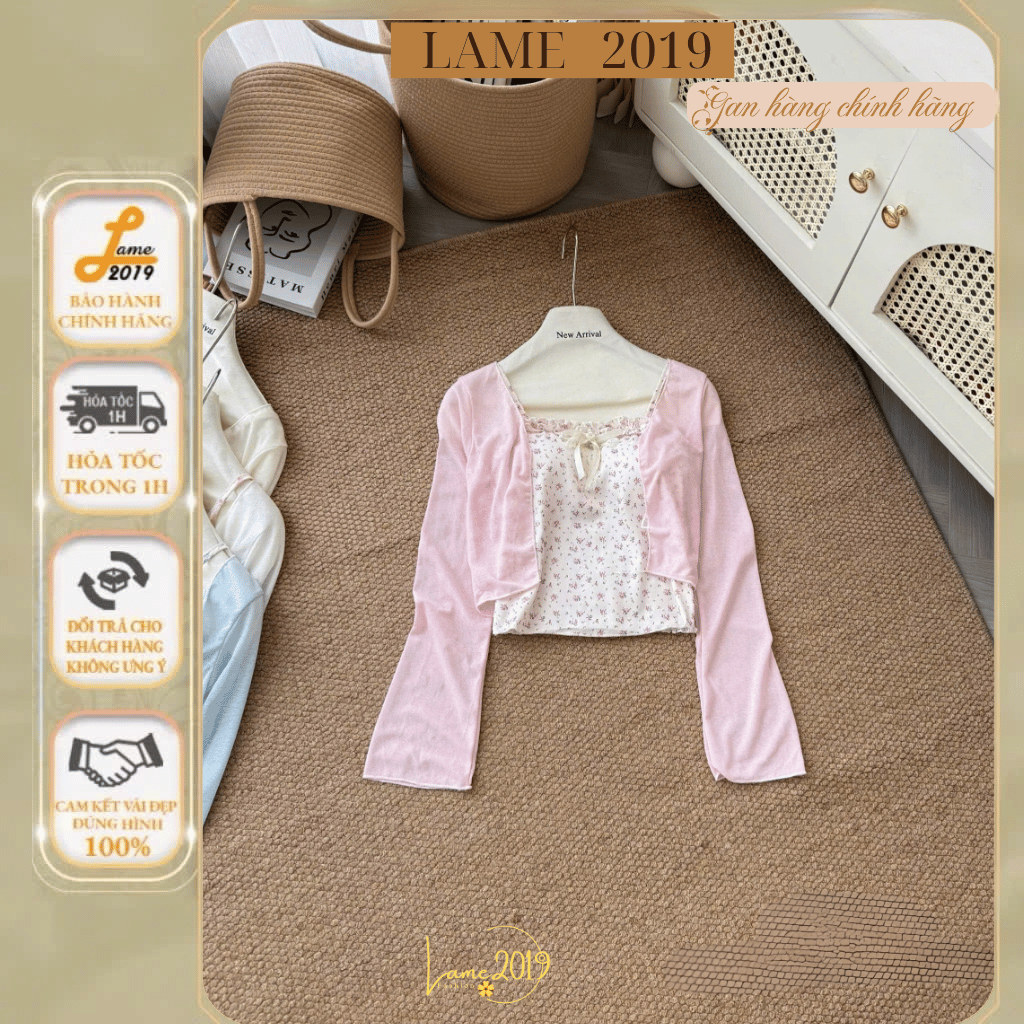 Áo Khoác Cardigan Mỏng Lưng Ngắn Kèm Áo 2 Dây Hoa Nhí Nhún Bèo Thắt Nơ Style Hàn Quốc Yame19