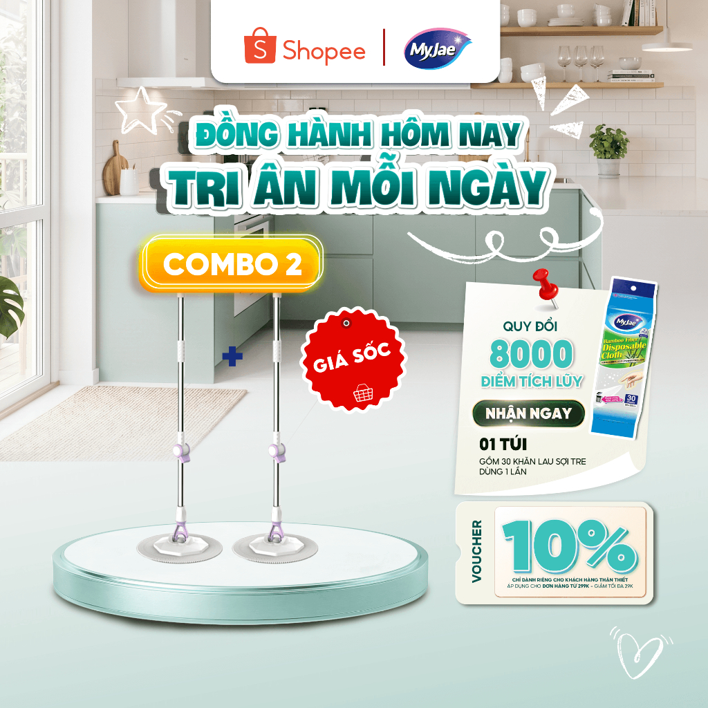 COMBO 2 Cây Lau Nhà Đơn MyJae Sợi Microfiber Xoay 360 Độ