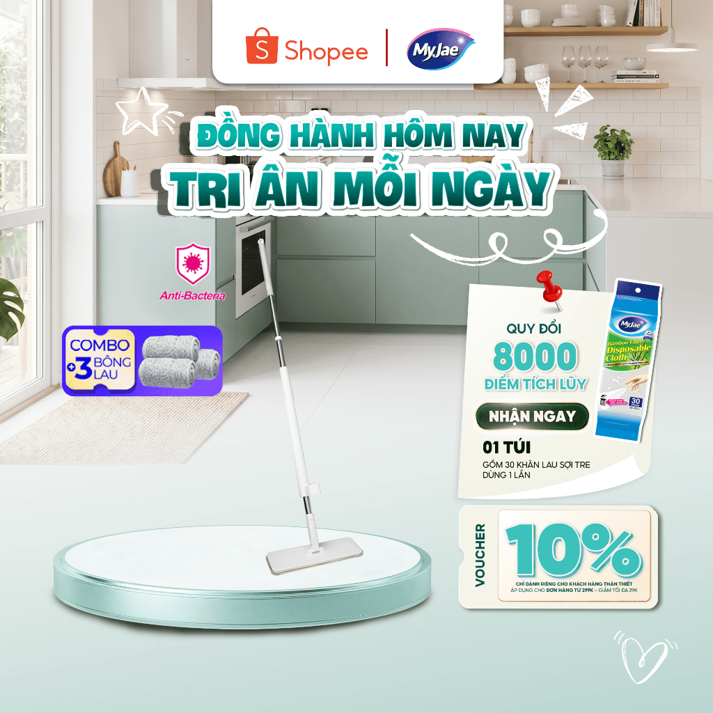 Combo 3 Bông Lau + 1 Cây Lau Nhà MyJae Đài Loan Sợi Microfiber Tự Vắt Kháng Khuẩn Ag+ 120cm
