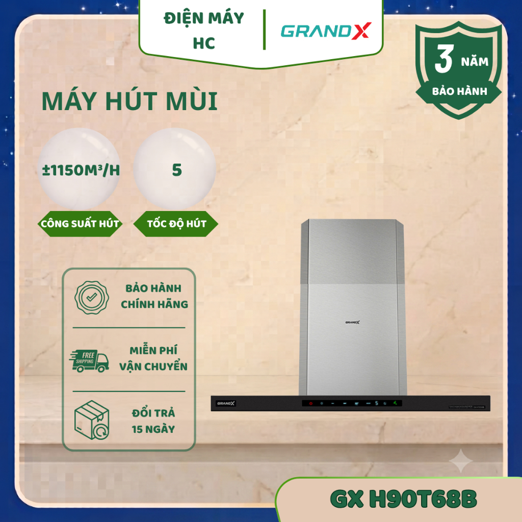 Máy hút mùi áp tường GrandX GX H90C68B(GX H90T68B) Thiết Kế Áp Tường –Máy Hút Mùi Home Pro