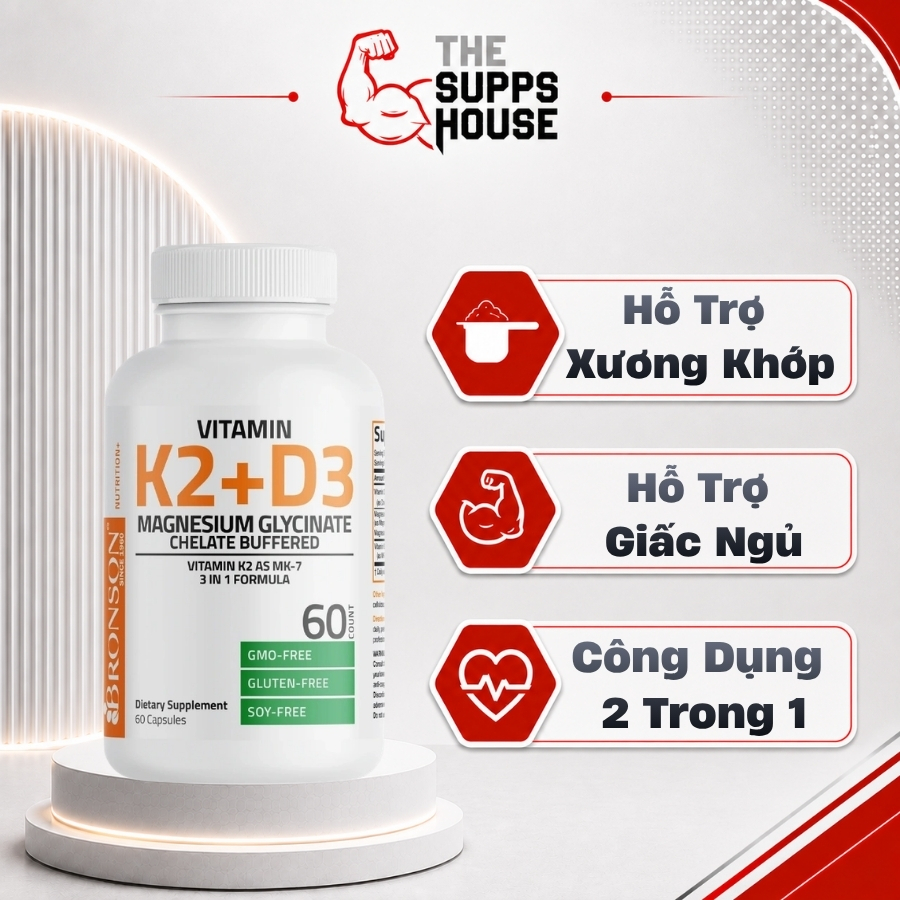 Viên Uống Vitamin D3+K2 & Magnesium Glycinate Bronson ( 60 viên ) Hỗ Trợ Xương Khớp Và Chất Lượng Gi