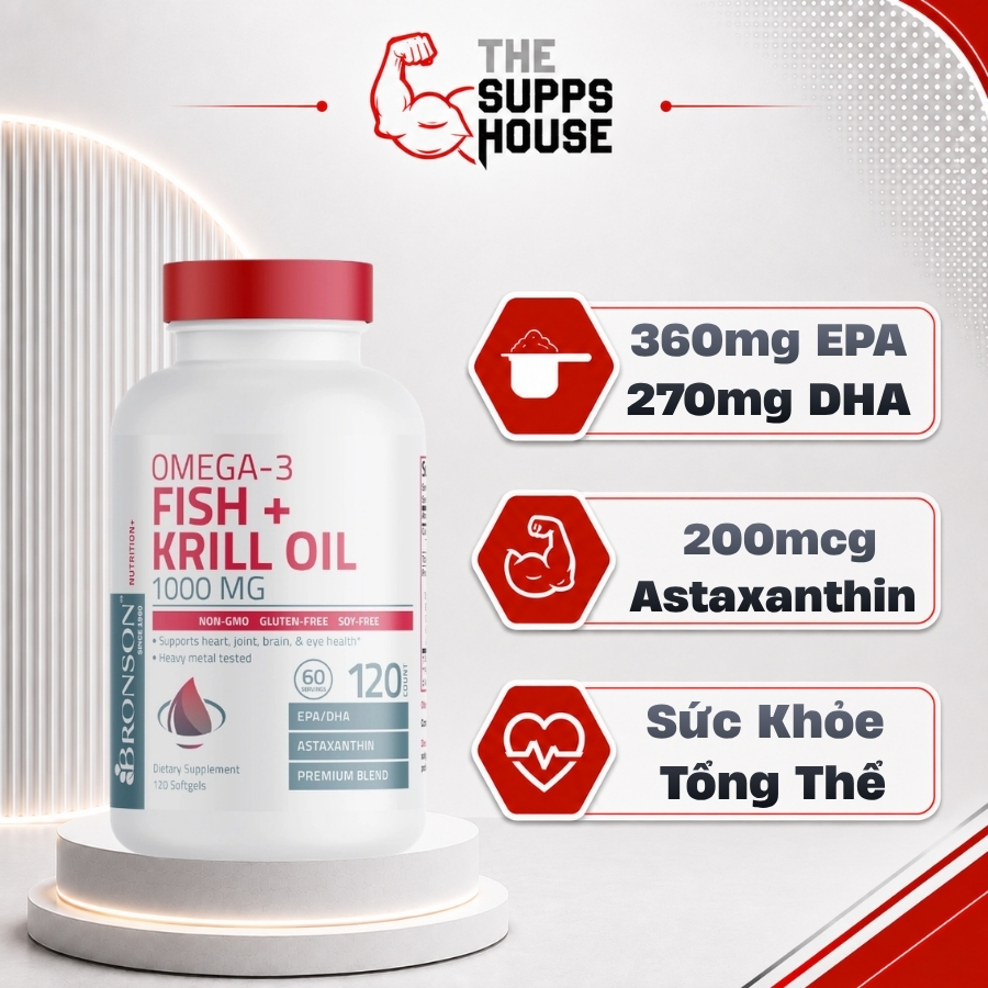 Viên Dầu Cá Nhuyễn Thể Bronson Omega-3 Fish & Krill Oil (1000mg - 120 viên) Hỗ Trợ Sức Khỏe Tim Mạch