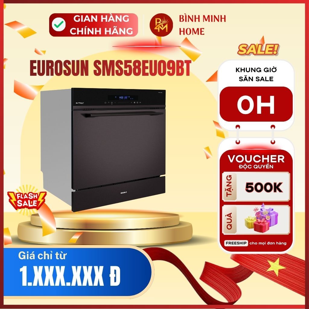 Máy rửa chén Eurosun SMS58EU09BT. Máy rửa bát âm tủ 8 bộ chuẩn châu Âu, công nghệ Fresh & Dry