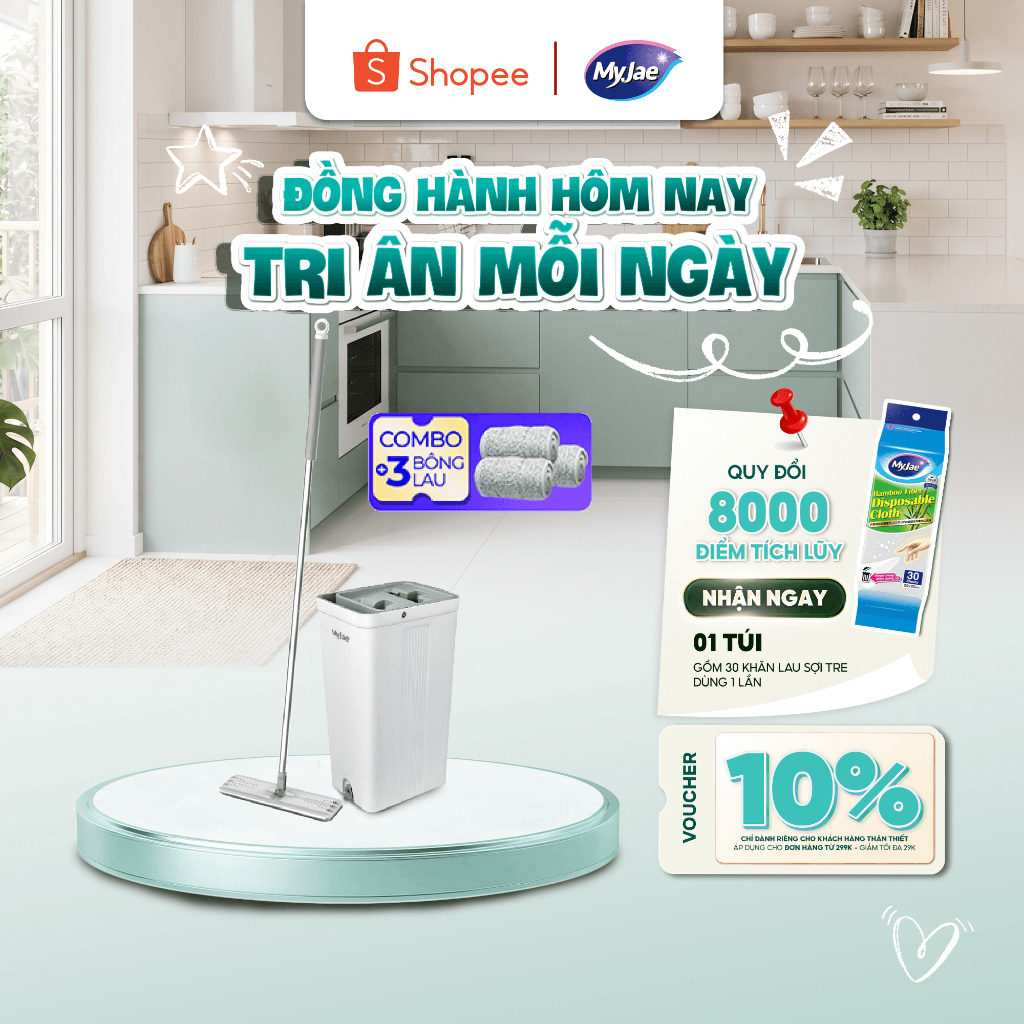 Combo 3 bông lau + 1 cây lau nhà tự vắt kèm thùng 2 ngăn xoay 360 độ thông minh lau sạch nhanh khô M