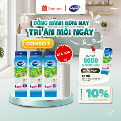 Combo 3 Khăn lau sợi tre MyJae lau chùi tiện lợi, đánh bay dầu mỡ 20cm x 25cm (30 Tờ/Bịch)