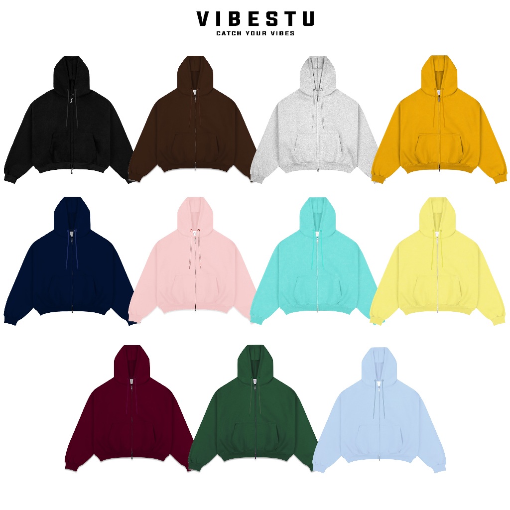 Áo Hoodie Trơn Zip 2 Chiều Vải Dày Dặn - Áo Khoác Hoodie Nỉ 2 Da Form Boxy VIBESTU