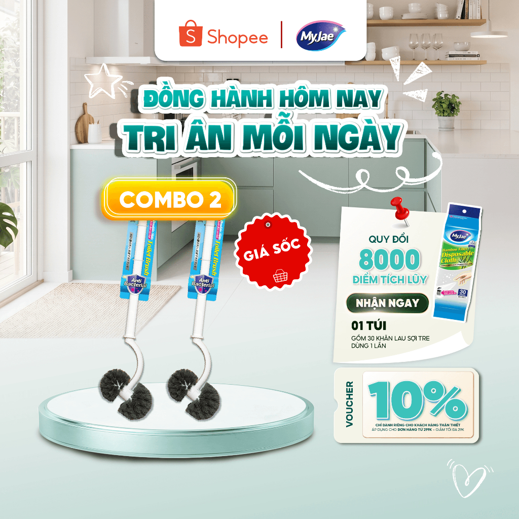 COMBO 2 Cây Chà Bồn Cầu MyJae, Cọ Chà Toilet Loại 2 Đầu Tròn Kháng Khuẩn 45cm