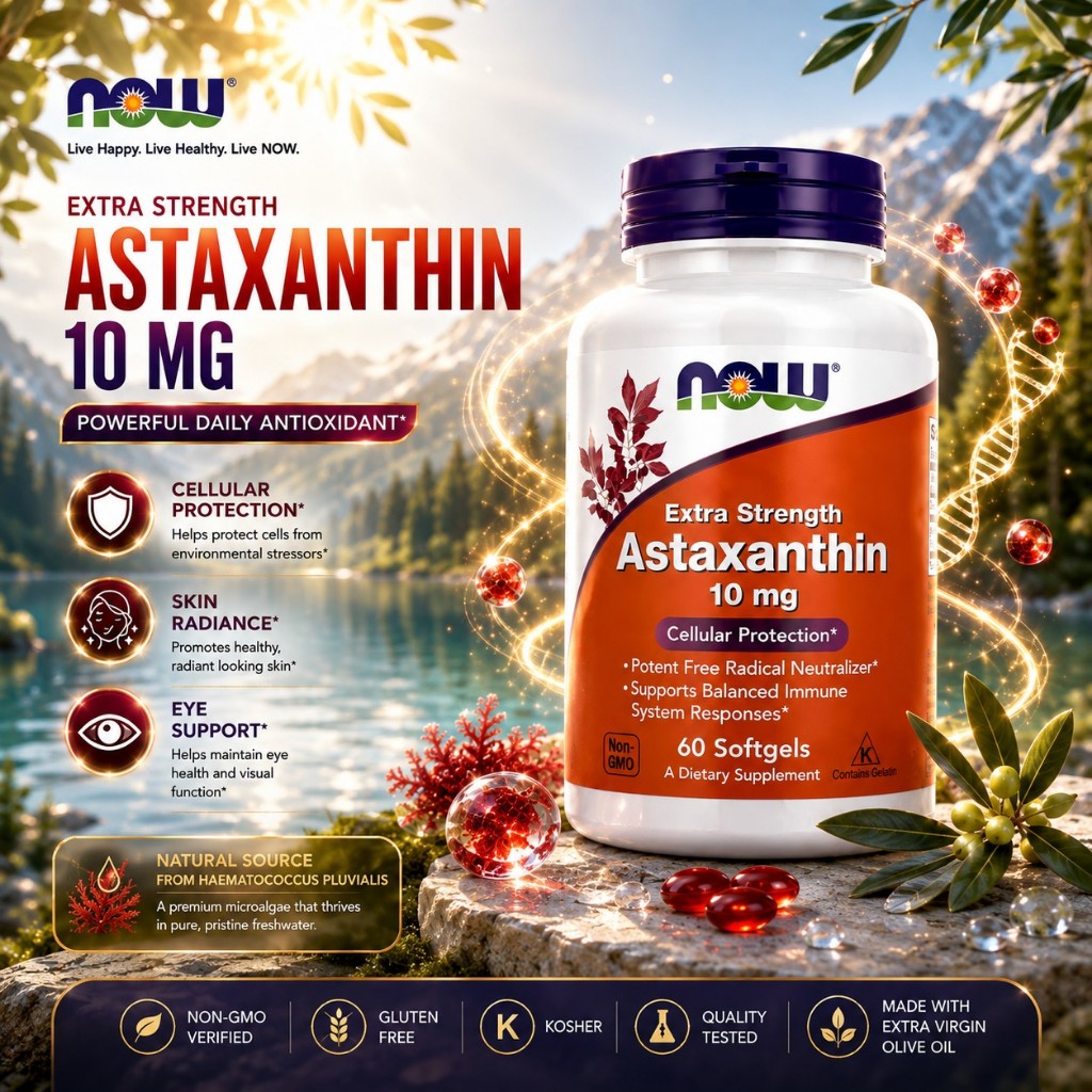 【Nhập khẩu từ Mỹ】Viên Uống NOW Foods Extra Strength Astaxanthin 10mg 60 Viên