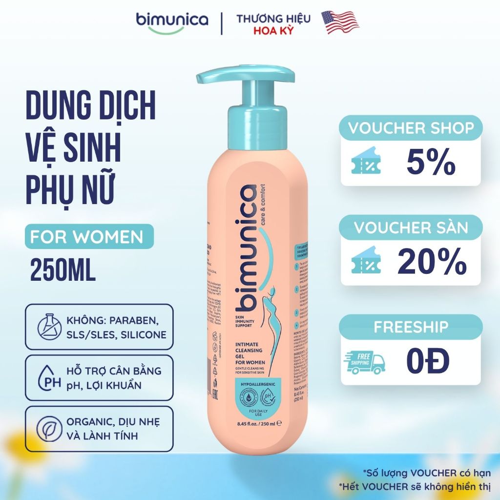 Dung Dịch Vệ Sinh Phụ Nữ Bimunica Cao Cấp 250ml - Ngăn Mùi, Cân Bằng PH, Gel…