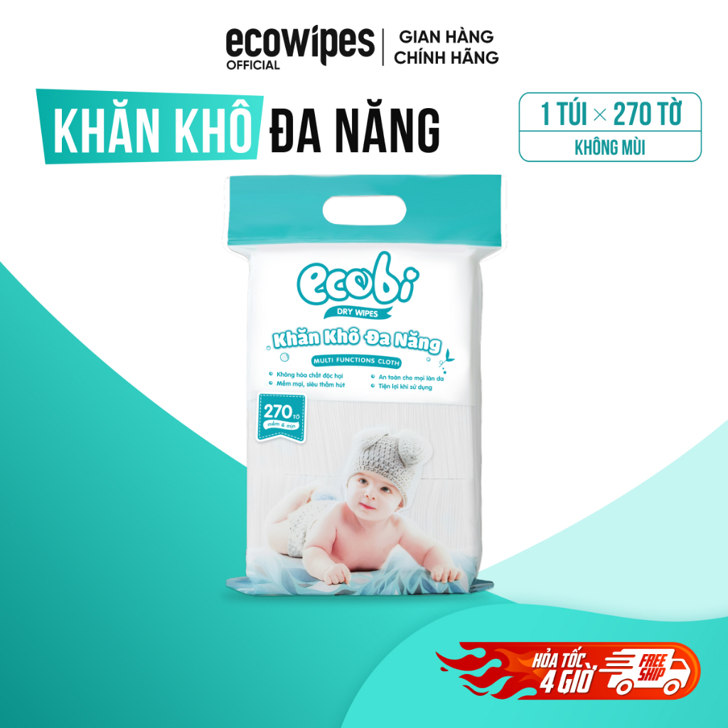 Khăn vải khô đa năng cao cấp cho bé Ecobi túi 270 tờ 345g mềm mịn dai thấm hút…