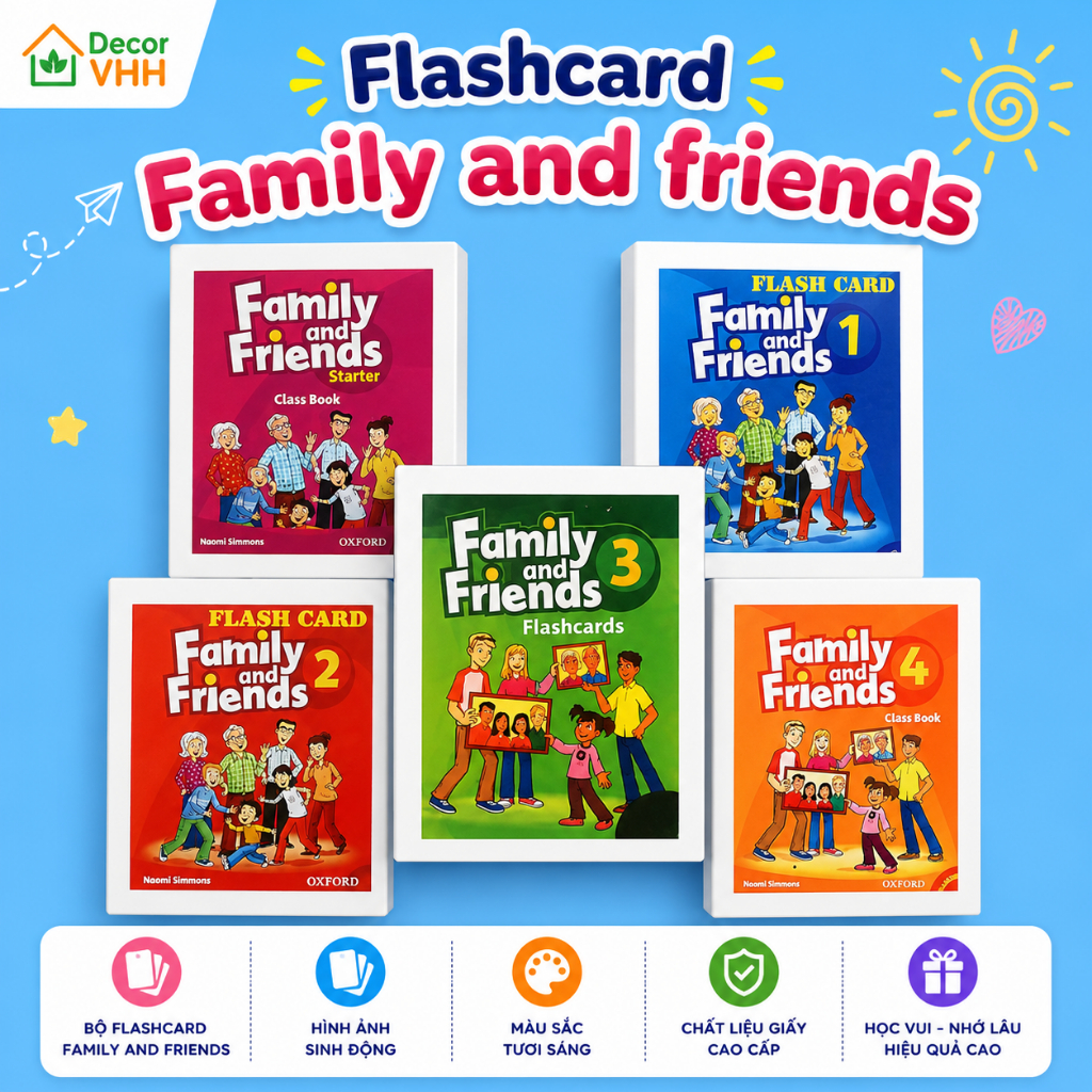 Flashcard Family and friends (Starter, Starter Phonics, 1,2,3,4,5) In 2 mặt khổ A5