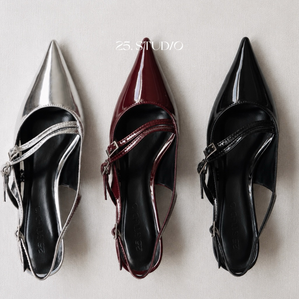 25 STUDIO Giày cao gót bít mũi quai hậu da bóng dây ngang chéo mũi nhọn Lydia Heels