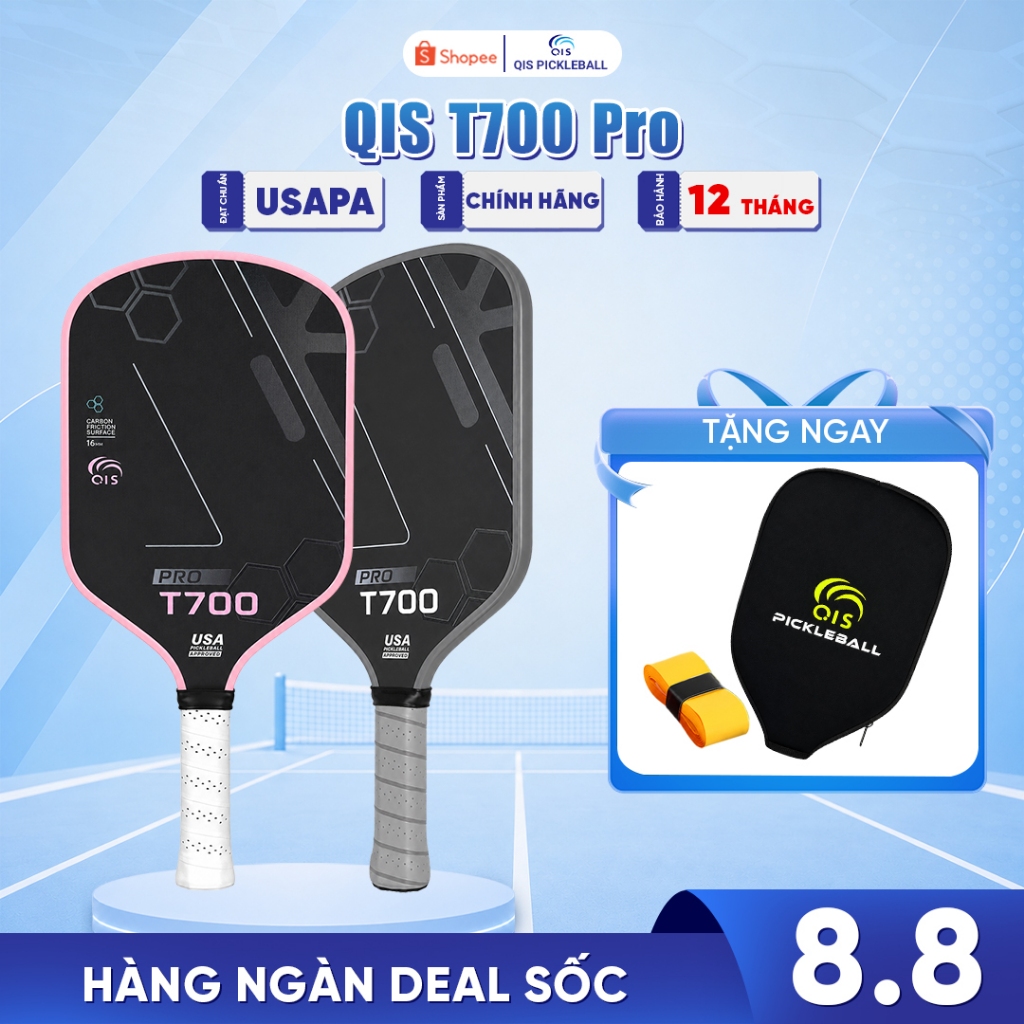 Vợt Pickleball QIS T700 Pro - Mặt Carbon Fiber T700 Siêu Nhám, Mặt Vợt Lớn Điểm Ngọt Rộng, Dễ Chơi