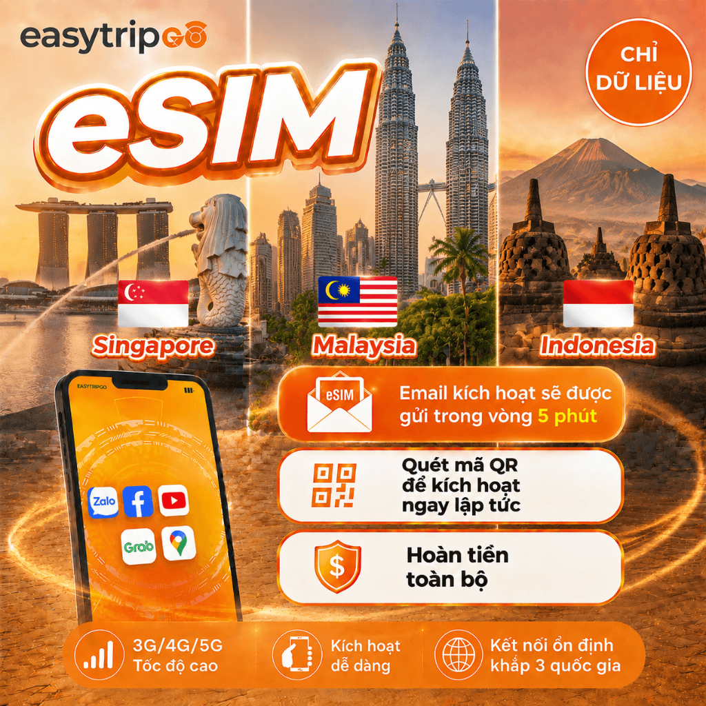 Easytripgo eSIM Singapore, Malaysia, Indonesia 5G - Gói theo ngày (03 - 10 ngày) - gửi eSIM qua emai