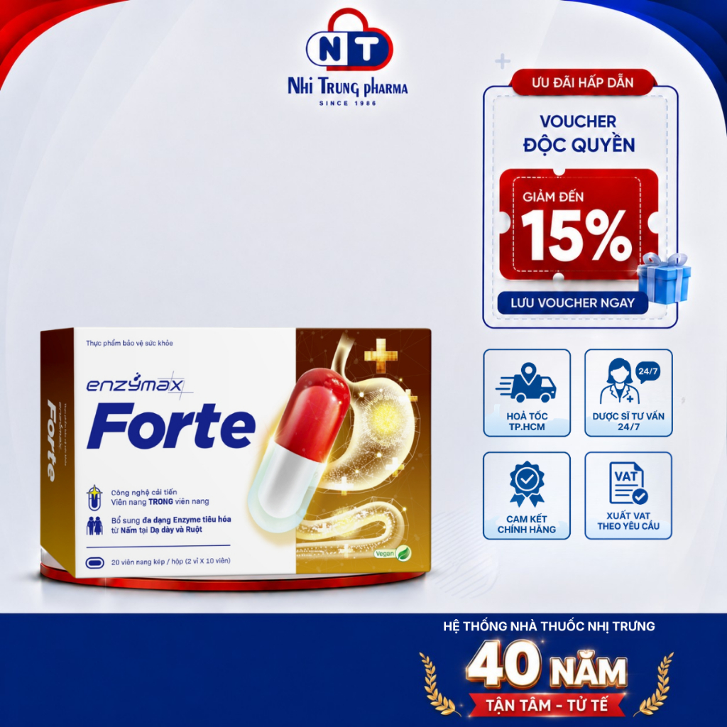 [HỎA TỐC HCM] Viên Uống Enzymax Forte - Hỗ Trợ Tiêu Hóa, Giảm Đầy Hơi, Khó Tiêu, Hộp 20 Viên