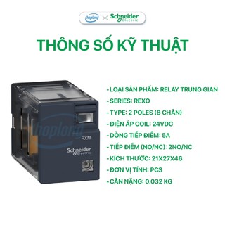 Relay trung gian RXM2LB2BD Schneider - REXO Series - 2 Poles (8 chân) - 24VDC - RXM2LB1BD