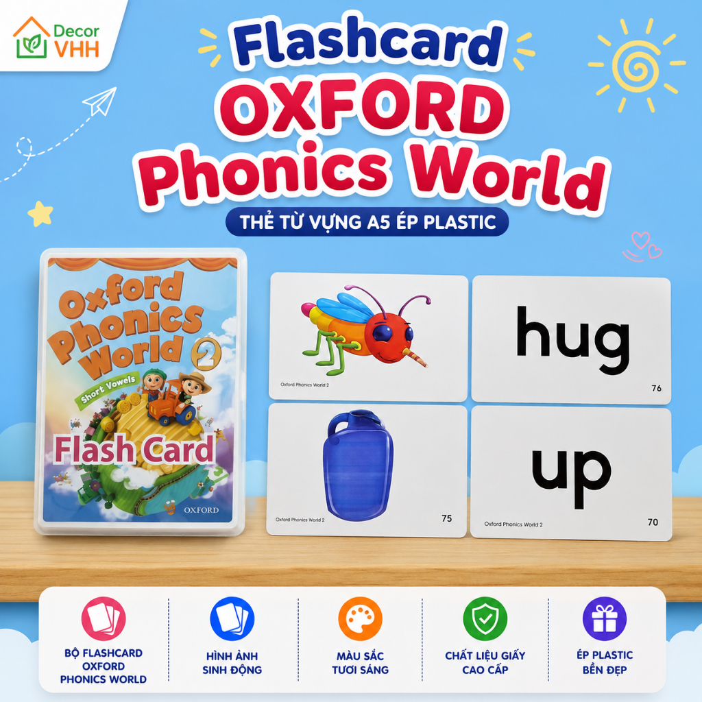 Flashcard OXFORD Phonics World 1 - 5 thẻ học, tranh từ vựng A5 ép plastic