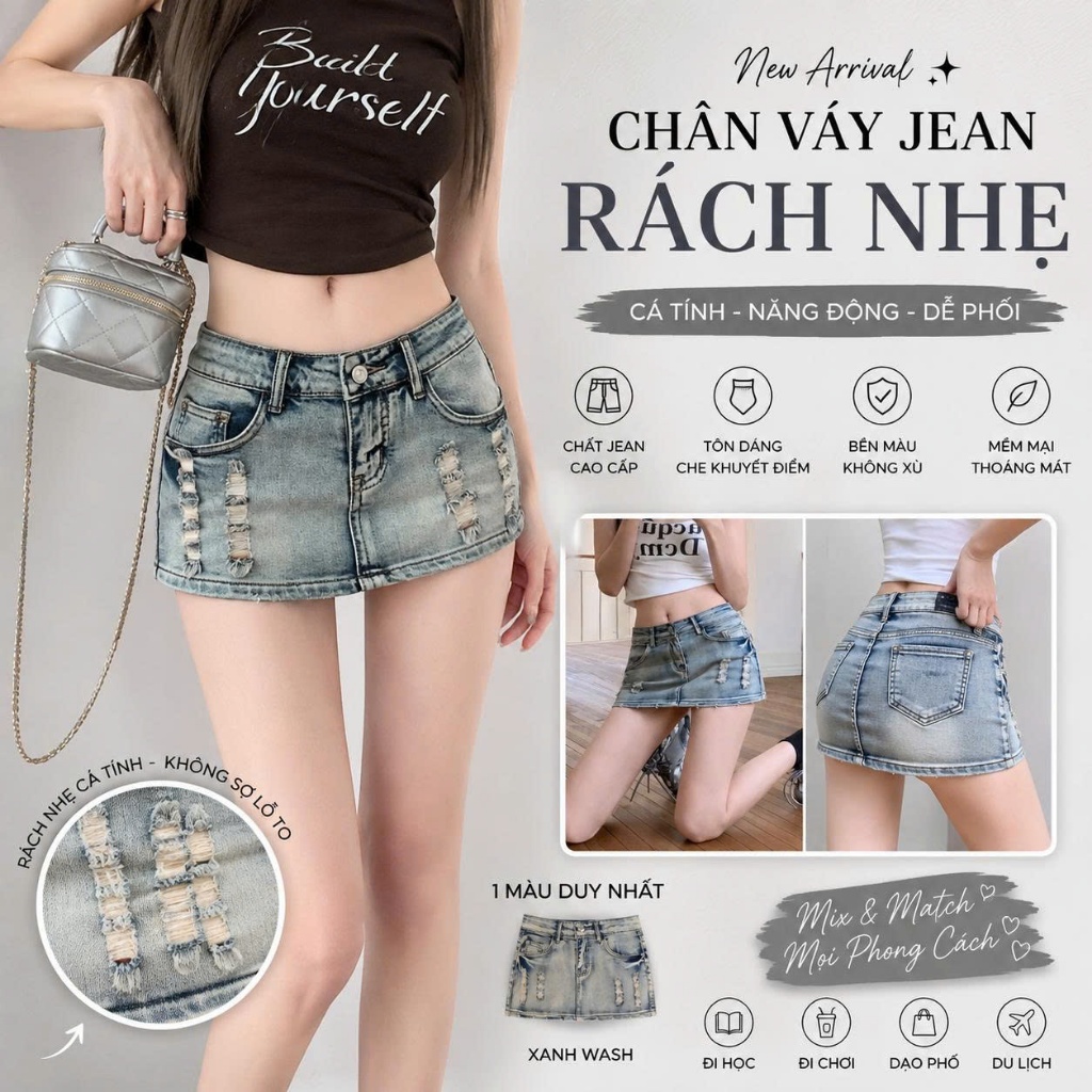 Chân Váy Jean Mini Nữ Wash Xanh Rách Nhẹ Body Sexy Phong Cách Hàn Quốc L6