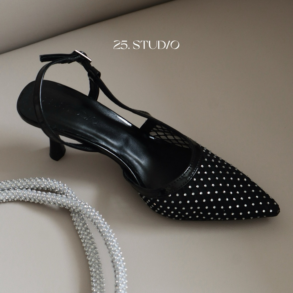 25 STUDIO (Form to lùi size) Giày gót mũi nhọn vải lưới bling cao 7p Starry Slingback