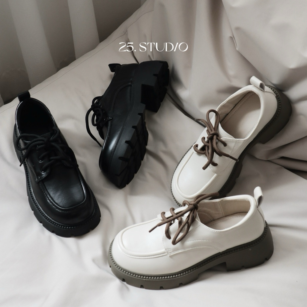 25 STUDIO Giày Oxford nữ cột dây mũi tròn đế cao 5 phân Oxford Loafer
