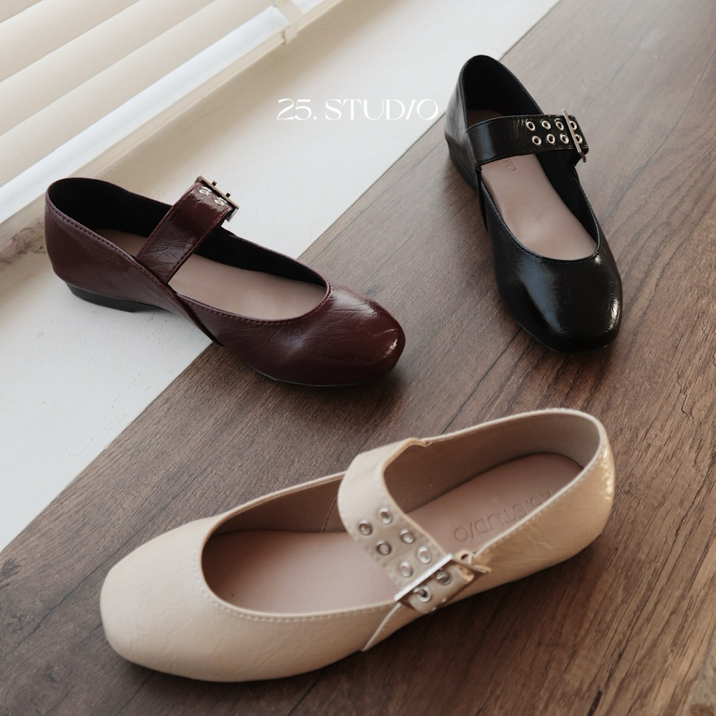 25 STUDIO (Form bé tăng size) Giày búp bê bệt mũi tròn phối quai ngang Buckle Ballet Flats