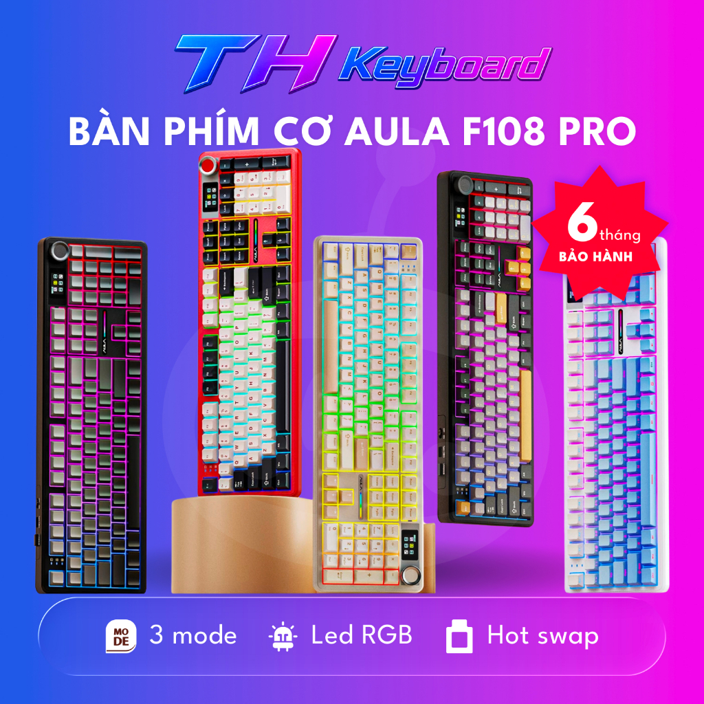AULA  F108/F108PRO -Bàn phím cơ không dây FULLSIZE - Hotswap - LED RGB - Có app chỉnh THkeyboard