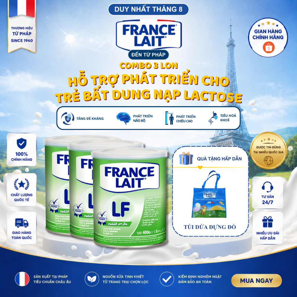 Combo 3 lon Sữa bột France Lait LF Nhập khẩu Pháp Dành Cho Bé Tiêu Chảy Có Vấn Đề Về Tiêu Hóa 400g