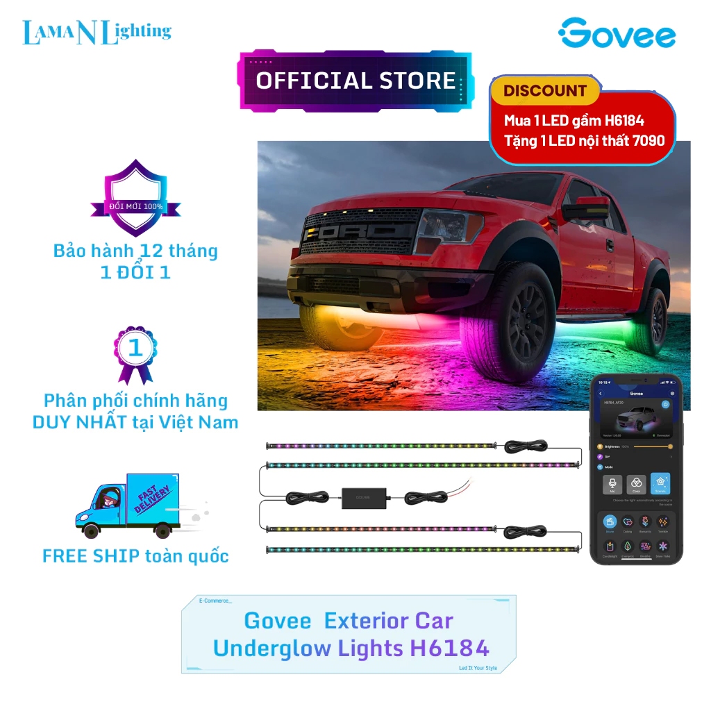 [Mua 1 Tặng 1] Đèn LED gầm xe ô tô Govee H6184 | Kháng nước, cảm biến nhạc RGB 16 triệu màu
