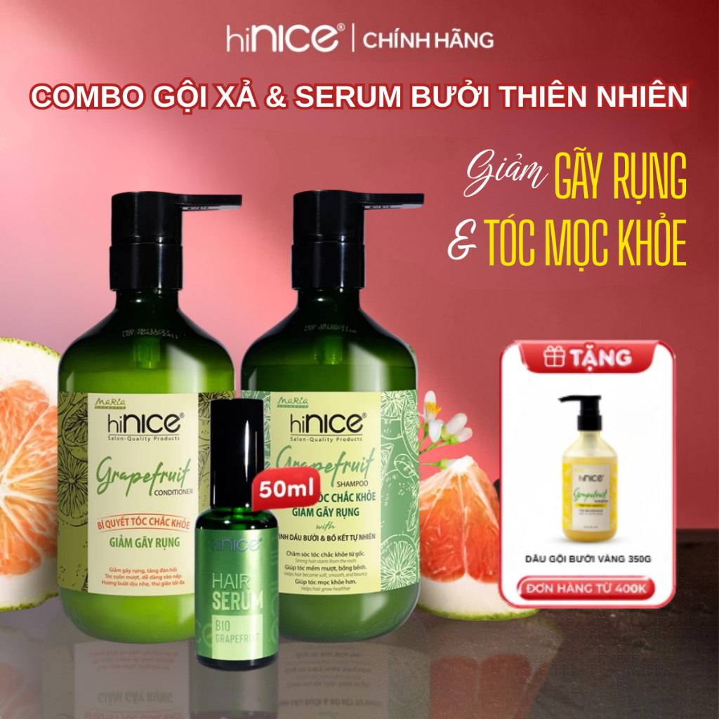 Bộ 3 Sản Phẩm Gội Xả & Serum Bưởi Thiên Nhiên hiNICE Ngăn Ngừa Gãy Rụng Hỗ Trợ Mọc Tóc Con Dưỡng Ẩm